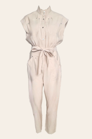 Aura Jumpsuit Taupe/Beige – Mouwloze Utility Jumpsuit met Tailleband