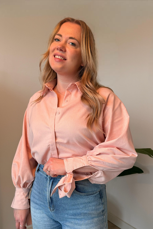 Linnen Mix Blouse met Strikdetail – Roze