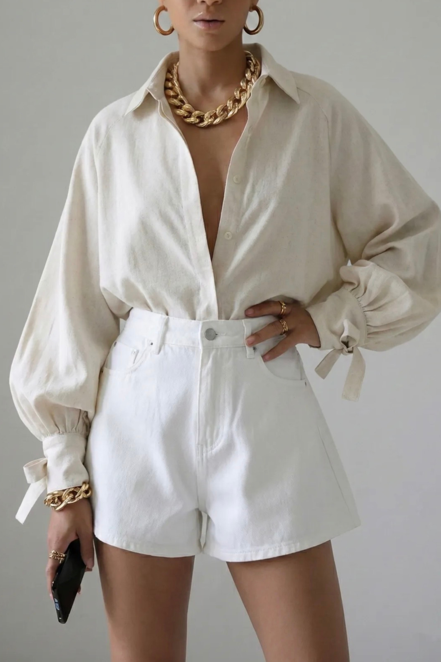 Linnen Mix Blouse met Strikdetail – Crème