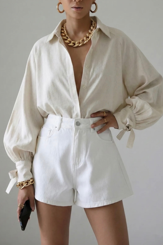 Linnen Mix Blouse met Strikdetail – Crème