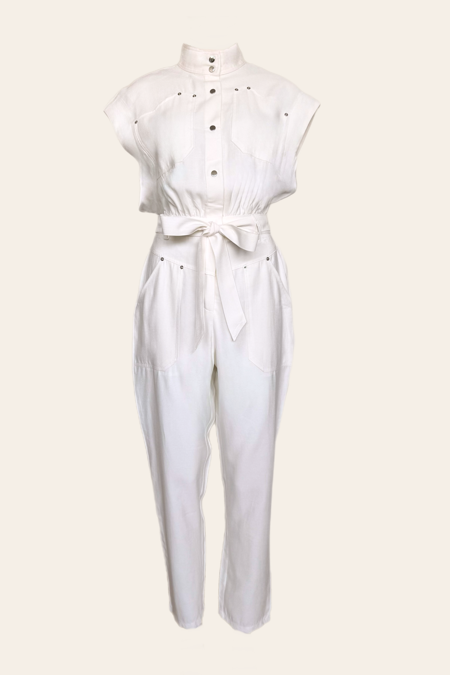 Aura Jumpsuit Wit – Mouwloze Utility Jumpsuit met Tailleband