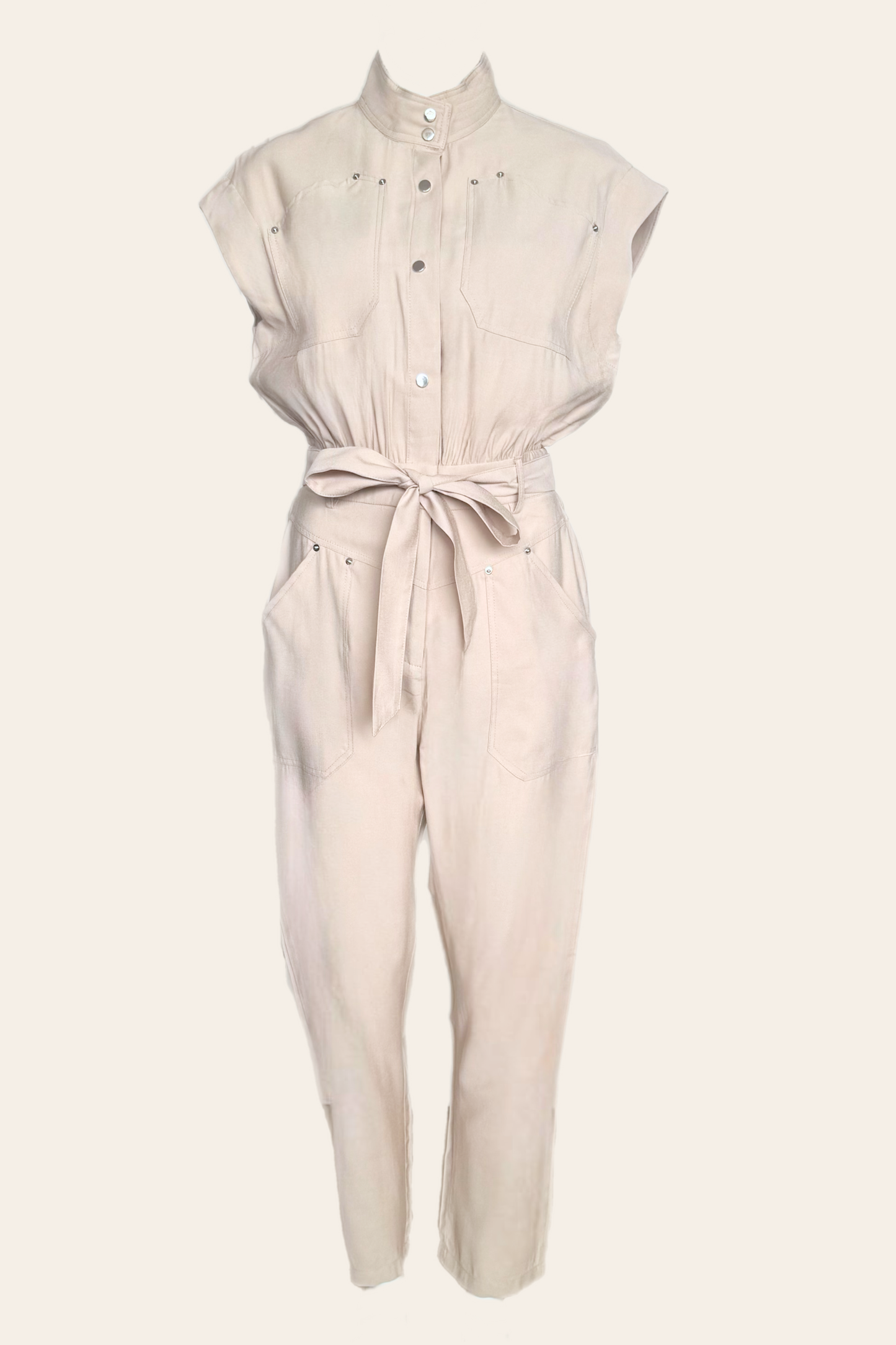 Aura Jumpsuit Taupe/Beige – Mouwloze Utility Jumpsuit met Tailleband