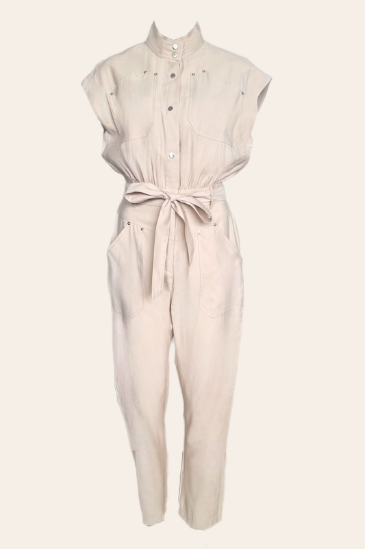 Aura Jumpsuit Taupe/Beige – Mouwloze Utility Jumpsuit met Tailleband