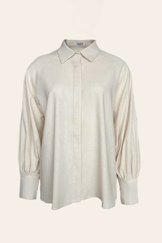 Linnen Mix Blouse met Strikdetail – Crème